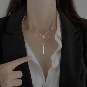 New Shiny Round Plate Rose Gold Double Layer Clavicle Chain Necklace | Jewellery